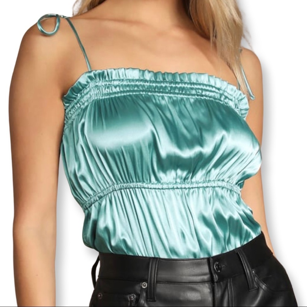 Lulu’s Mint Blue Satin Tie-Strap Ruched Bodysuit - Size Small